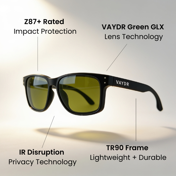 Vaydr Recon privacy sunglasses, matte black TR90 square frame, view 2