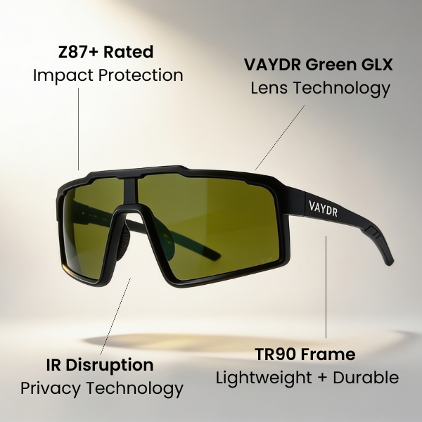 Vaydr Veil privacy sunglasses, matte black TR90 shield frame, view 2