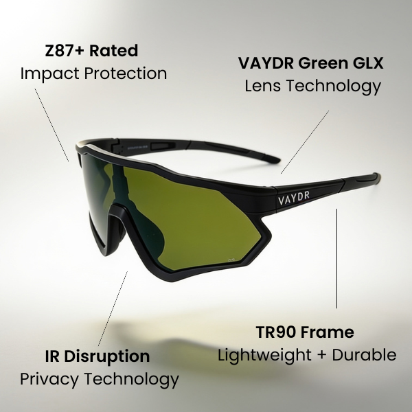 Vaydr Eclipse privacy sunglasses, matte black TR90 shield frame, view 2