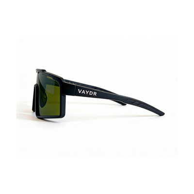 Vaydr Veil sport shield privacy sunglasses with the green GLX lens